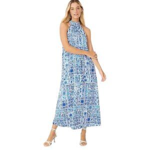 Ann Taylor Blue White Floral Halter Tie Back Shift Maxi Dress